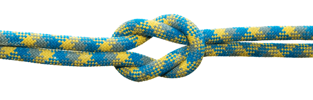 A knot of blue and yellow rope tied together showing marriage ties.