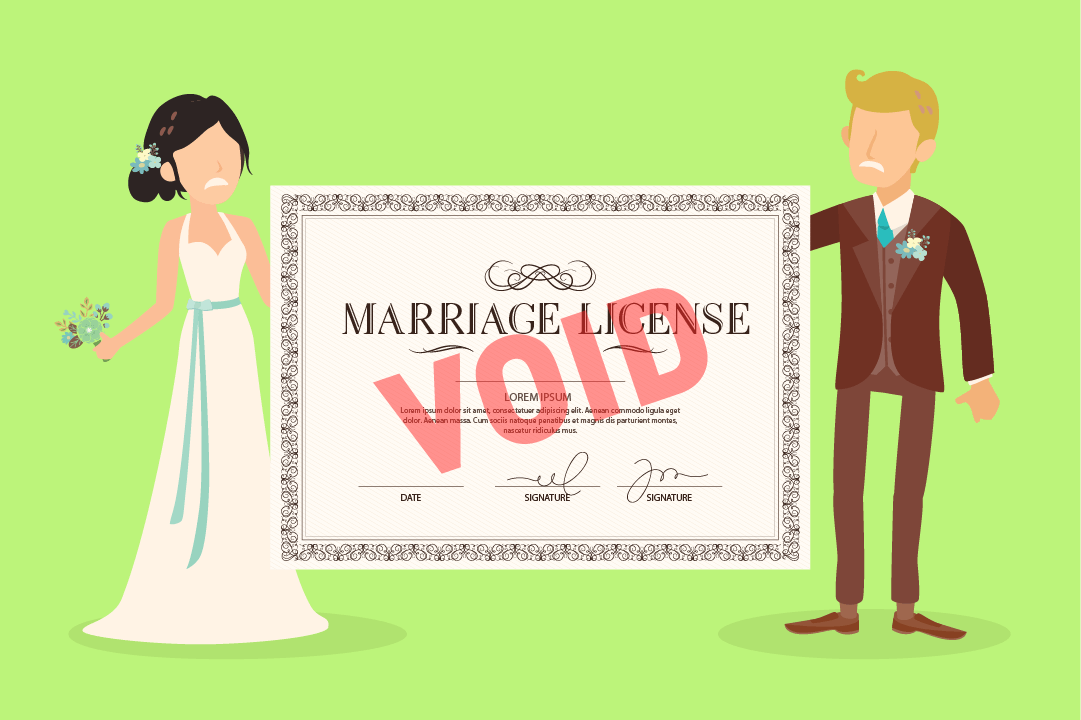 An angry wedding couple with a void marriage certificate.