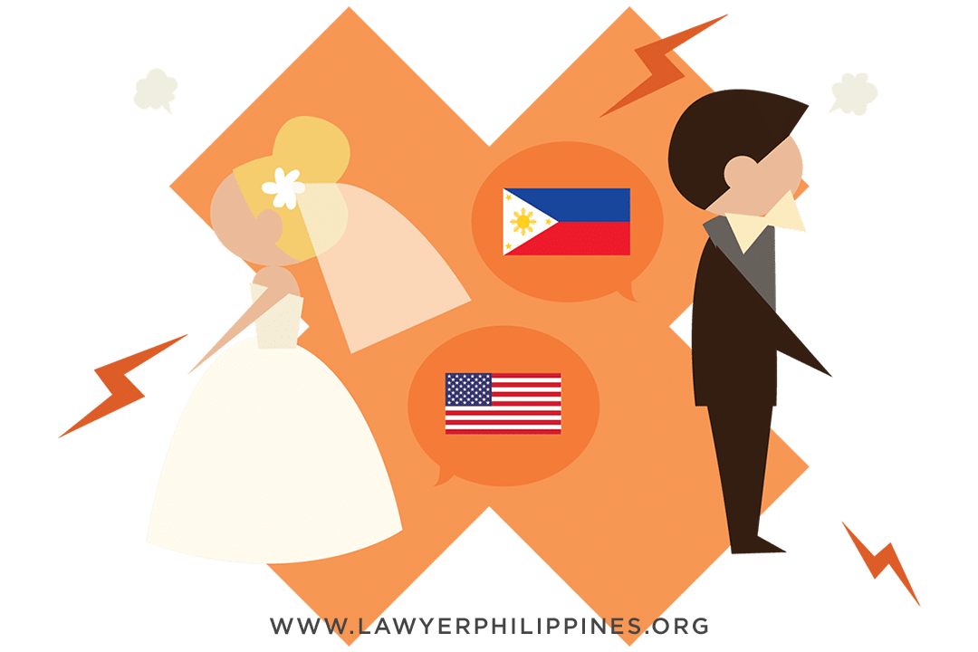 A Bride with the American flag and a groom with the Philippines flag with their backs to each other, on top of a large orange X depicting the end of a Foreign Marriage. Foreign Divorce Philippines
