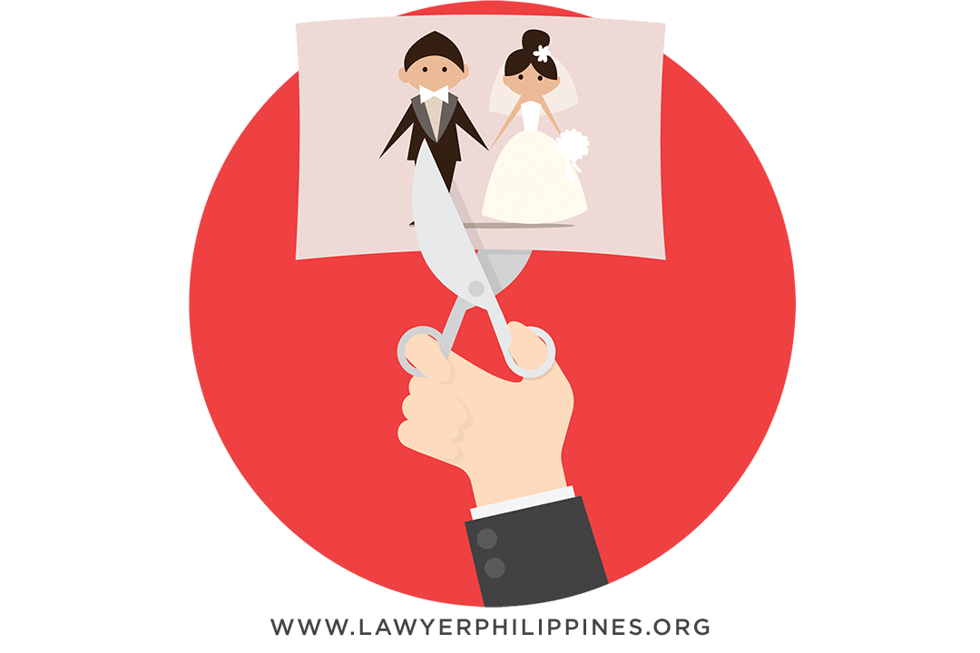 A photo of a bride and groom being cut in half with scissors, depicting a legal separation. through Annulment