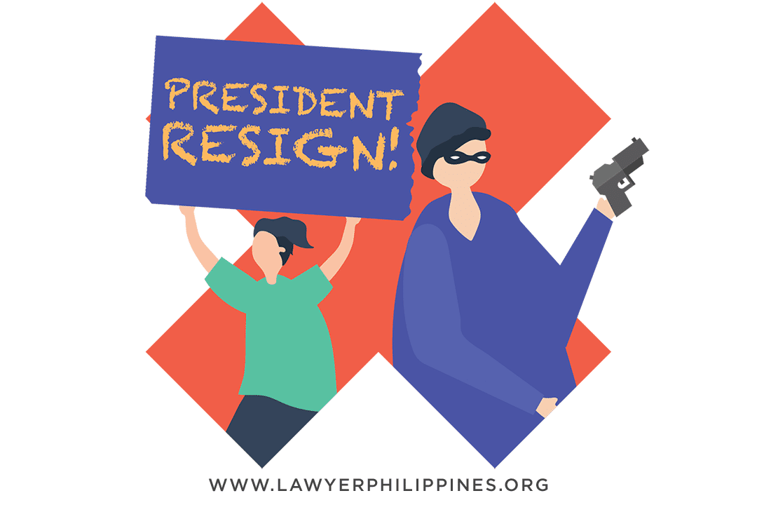 One person with a 'President Resign' sign and a 2nd person holding a gun; Political destabilization efforts and violence are grounds to deny a Philippine Citizenship
