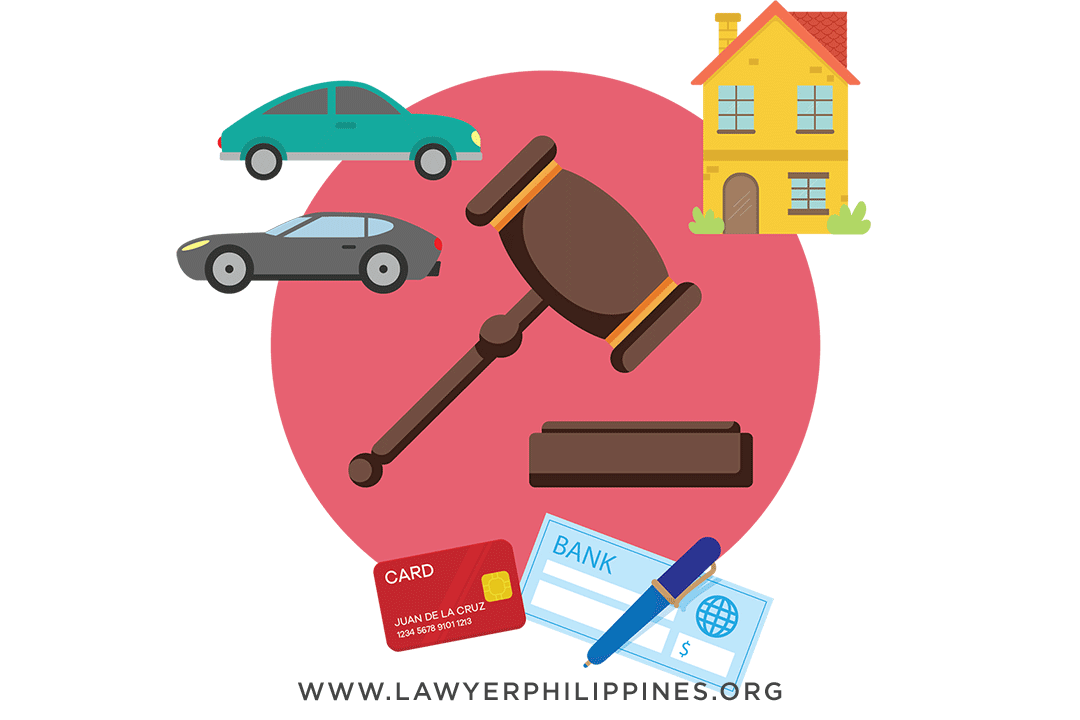 A court gavel surrounded by a house, cars, bank cards and a check all of which can be used towards the costs of Child Support Philippines