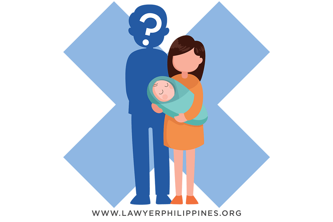 A woman holding a baby in her arms, next to her is a silhouette of the father with a question mark over his face. Behind them an X mark. A father can be charged through Republic Act 9262 when he doesn't provide support