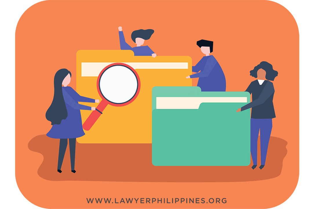 Four people standing by two large folders containing papers, one person is holding a magnifying glass, signifying the need to provide documents to support your child support case in the Philippines