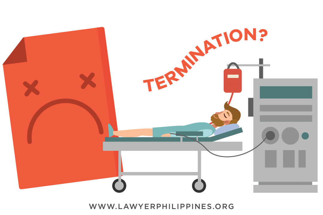 An ill man confined at the hospital with a notice of termination behind the hospital bed.