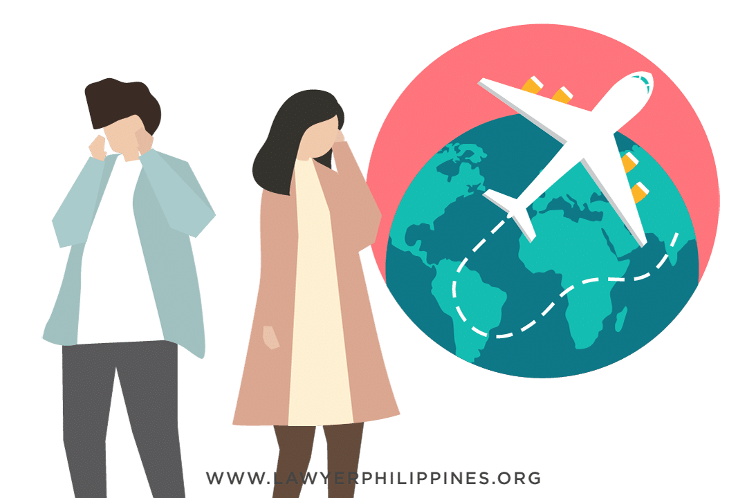 A man and a woman facing away from each other with a globe and an airplane behind them,