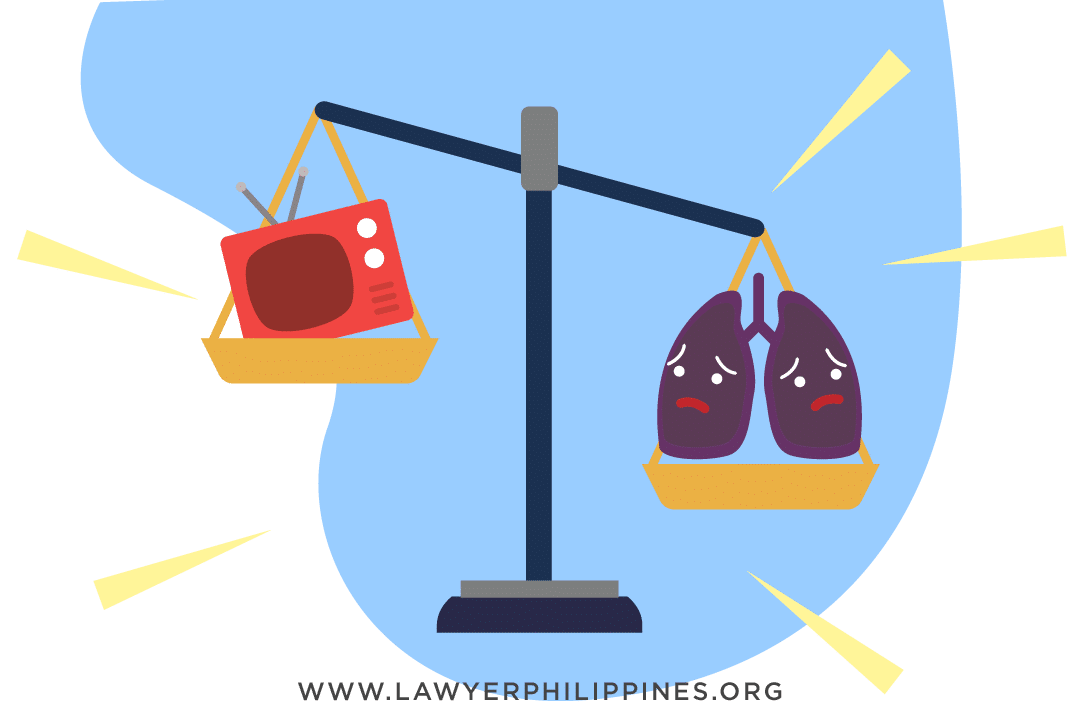A picture showing a balance between a television representing commercial business and lungs to represent health, with the balance tilting in favor of health.