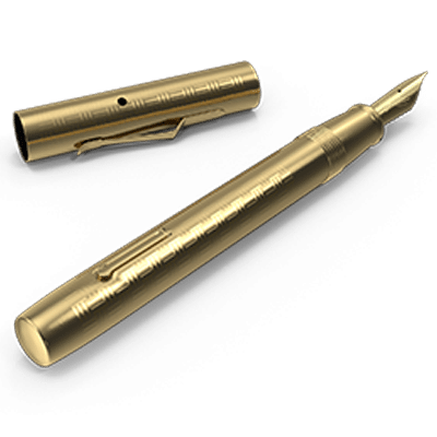 A gold fountain pen to indicate writing. Featured