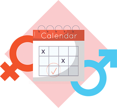 Male and Female gender signs behind a calendar with days marked with crosses to symbolize how you can the correct day, month and gender on your Philippine Birth Certificate if it was a clerical error.