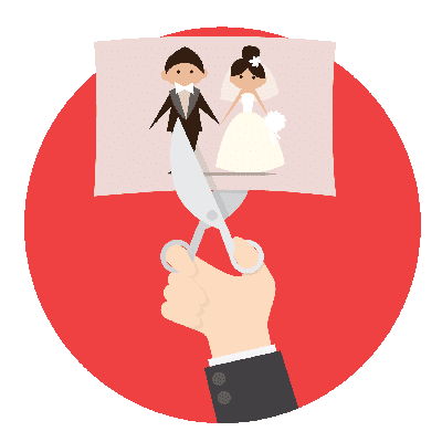 A photo of a bride and groom being cut in half with scissors, depicting a legal separation.