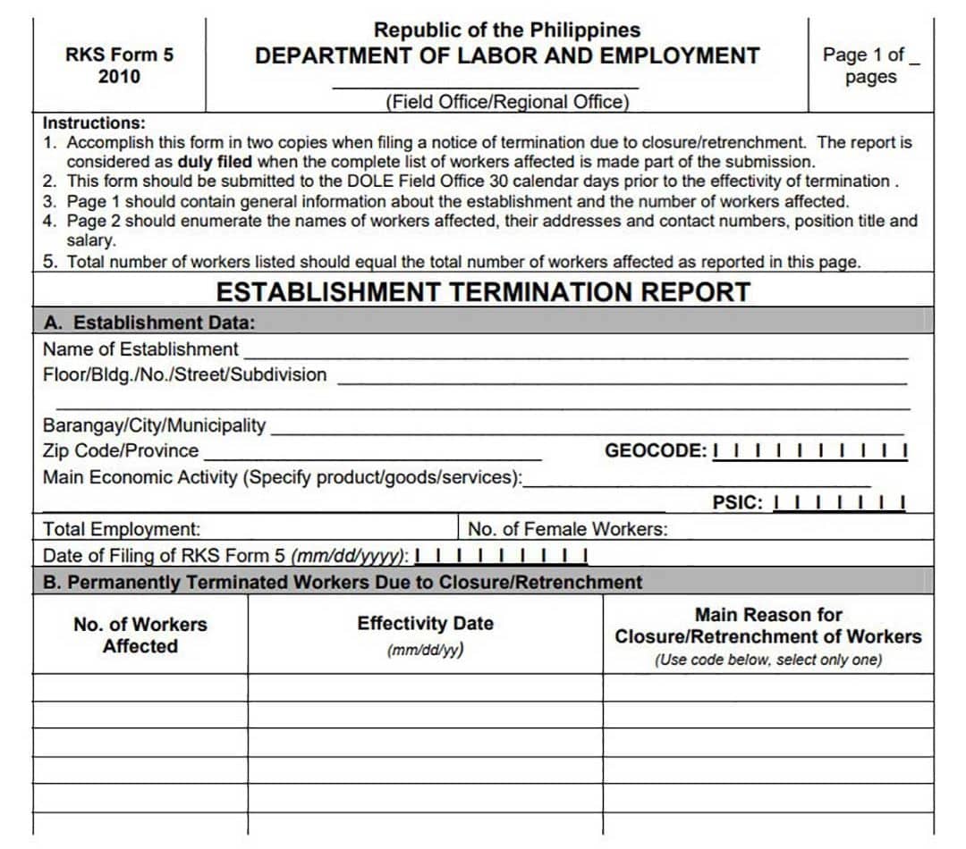 An image of the Philippine's Department of Labor and Employment Closure Form RKS Form 5 2010 which is the DOLE Retrenchment form