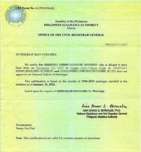Philippine Certificate of No Marriage
