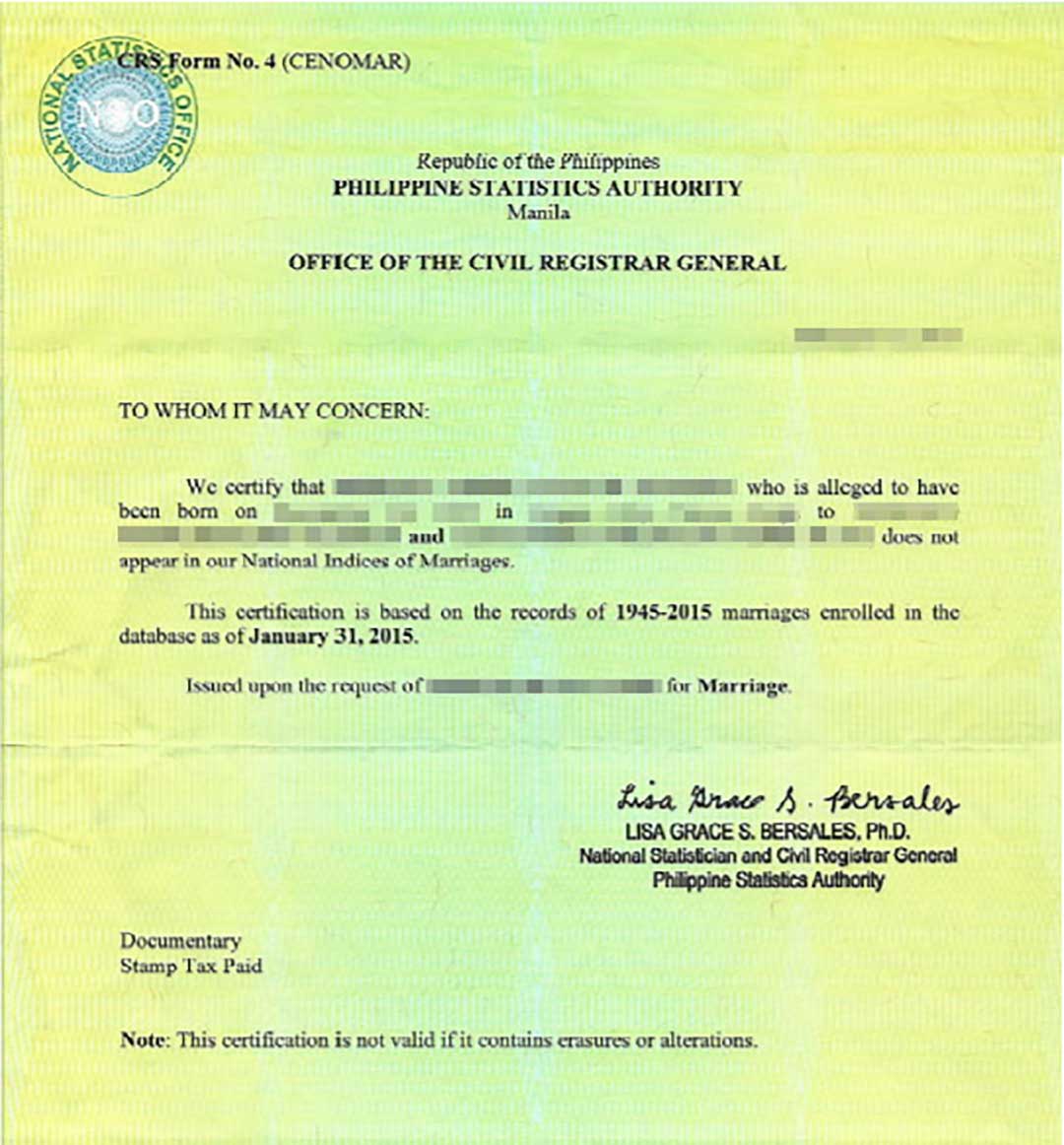 An image of a Philippine Certificate of No Marriage (CENOMAR) which confirms your civil status. You can apply for one to determine your actual recorded marital status.