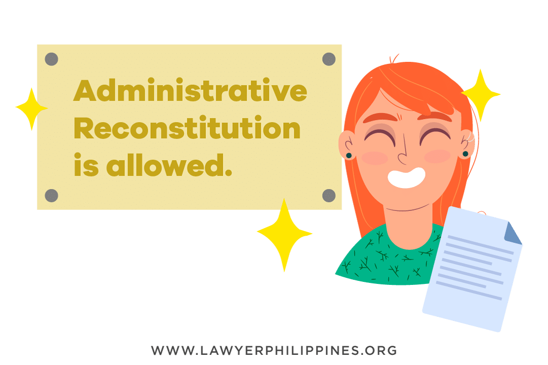 A very happy woman with ginger hair, holding her Philippine Land Title. Next to her is a notice at the local Registry of Deeds stating "Administrative Reconstitution of Title is allowed", so she can process an Administrative Reconstitution of Title herself.