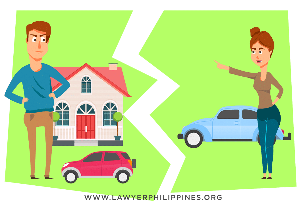  A husband on the left behind him is a house and car there is a white zigzag line indicating separation of properties and an angry wife is on the right standing in front of a blue car. Complete Separation of Properties by Lawyers in the Philippines