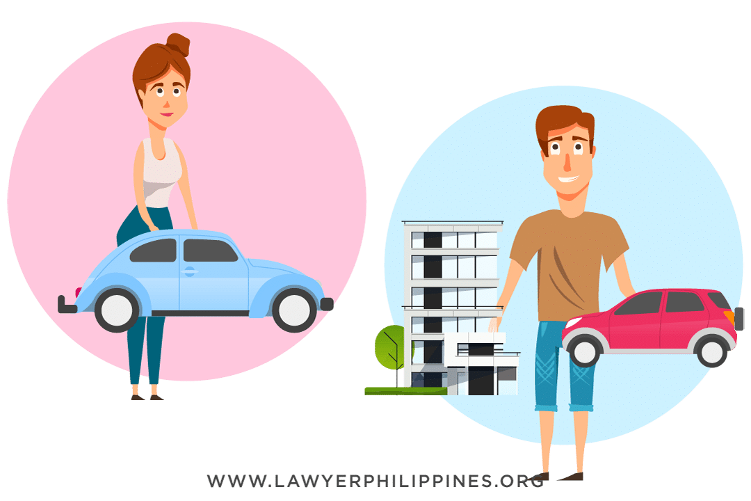 A woman in a pink circle with a blue car signifying the property she brought into a marriage which remains hers alone under Conjugal Partnership of Gains. On the left a man in a blue circle with a Condominium block and a red car which remain his. Inheritance part of Conjugal Property?