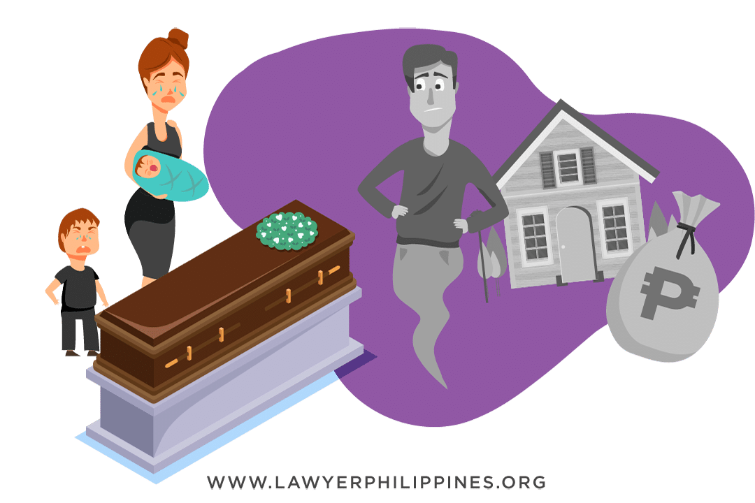 A woman holding a baby with a toddler by her side, grieving in front of a coffin. A ghostly image of her husband the family home and a bag of Philippine Pesos in faded grey is to the right of the coffin. Article Conjugal Property by Lawyers in the Philippines