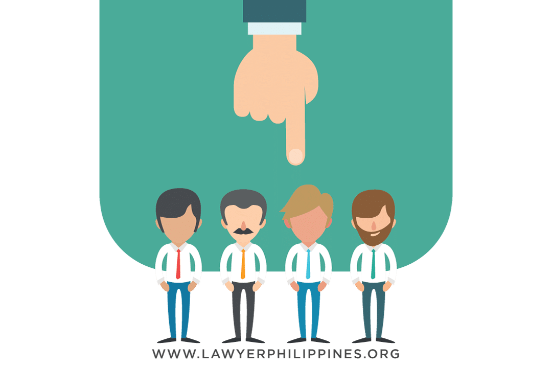 Four men in white shirts and ties in a row, above them a hand with a finger pointing to one man; Termination Philippines is allowed due to business slowdowns under Authorized Causes.