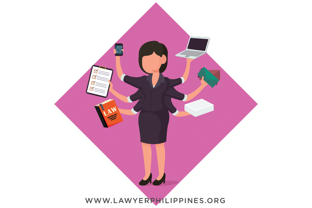 A woman with 6 arms holding a laptop, a calculator, law book on Philippine labor Law, files and other things an effective HR Officer must possess