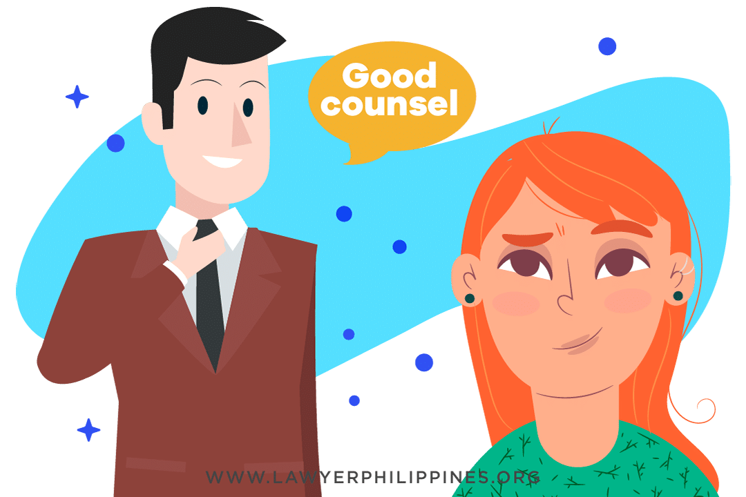 A woman landowner with ginger hair. Next to her is a male lawyer in a brown suit.  There is text between them both saying "Good Counsel" which is important when researching Reconstitution of Title requirements, and filing for Administrative Reconstitution of Title
