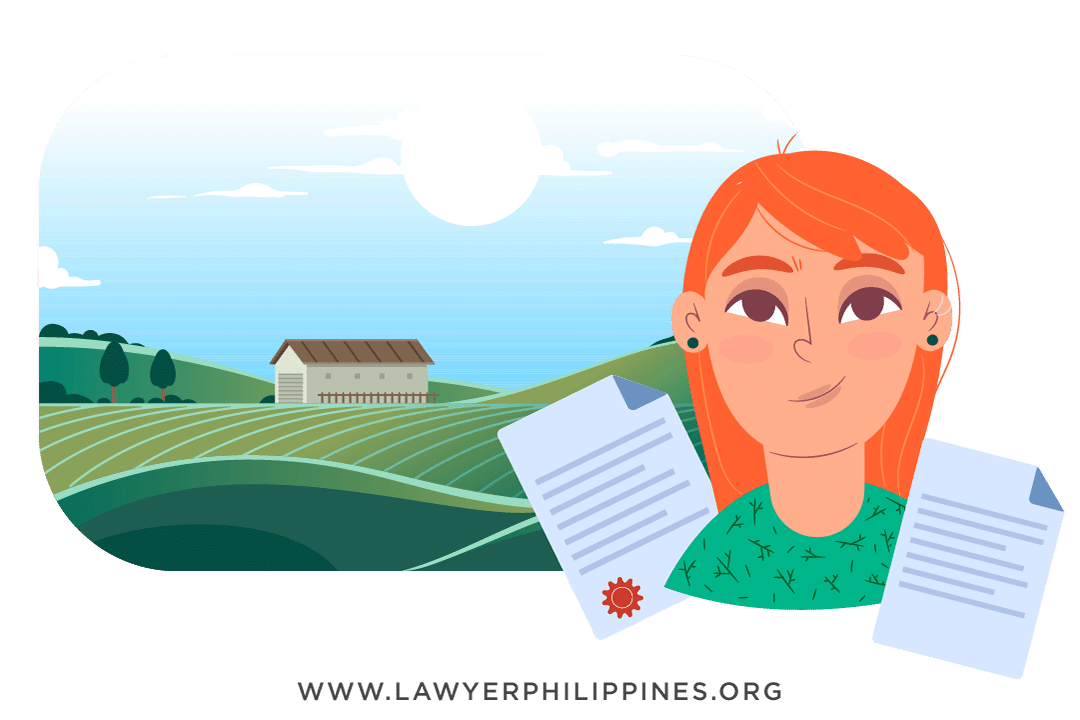  A woman with ginger hair holding 2 Certificated documents representing Philippine Land Titles. Behind the woman there is an image of land with a house in the middle of the land. 