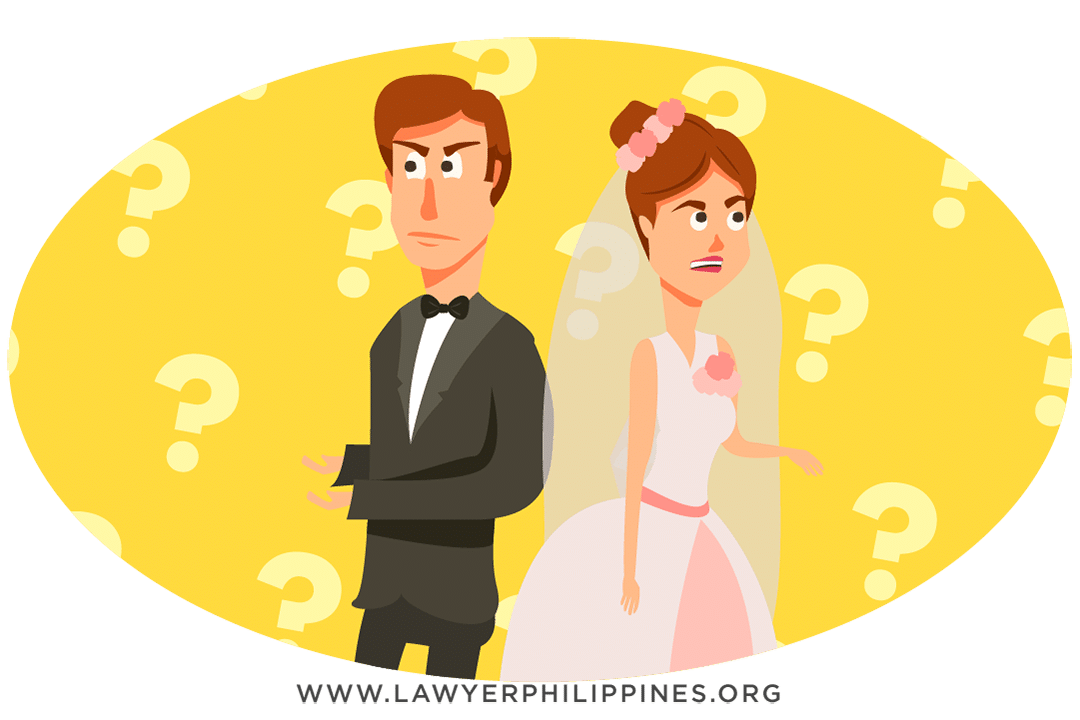 An unhappy looking bride and groom surrounded by question marks, symbolizing a marriage coming to an end and not knowing how property will be divided under Absolute Community of Property. 