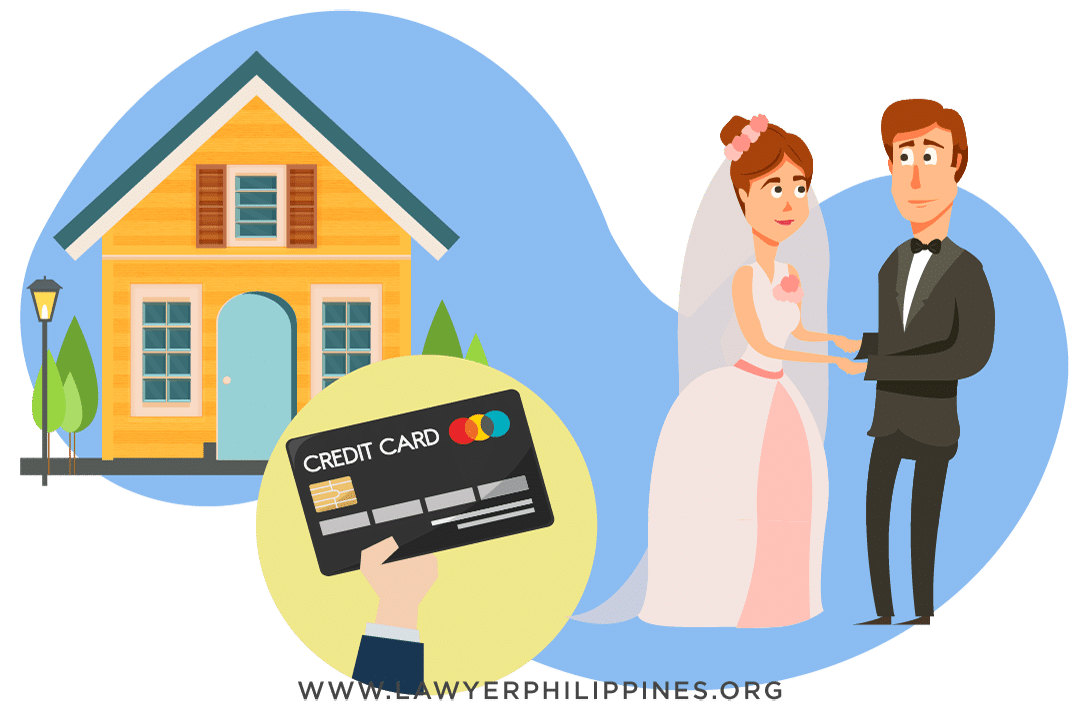 An orange house with a blue door, a bank card and a bride and groom, signifying a property bought on installment. Absolute Community of Property by Lawyers in the Philippines. Absolute Community of Property, Conjugal Partnership of Gains, Inheritance part of Conjugal Property?