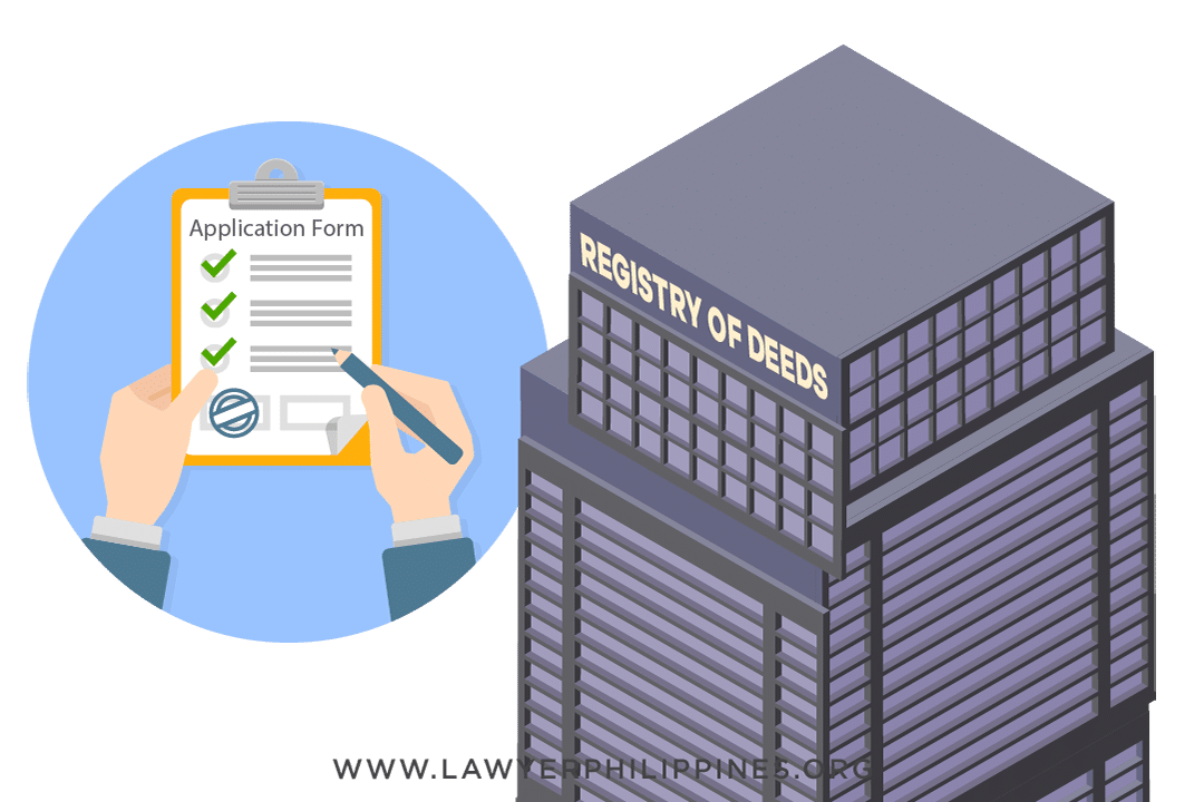 A graphic showing the Registry of Deeds Building in Quezon City, Philippines.  To the left are two hands holding a Certified True Copy of a Land Title. The RD is an agency you will need to visit if the Land Title Online is not available