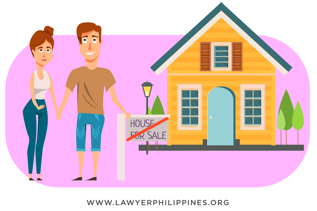 A husband and wife holding hands next to a yellow house, with a blue door and shuttered windows and a For Sale sign with a red line through it. Article Conjugal Property by Lawyers in the Philippines