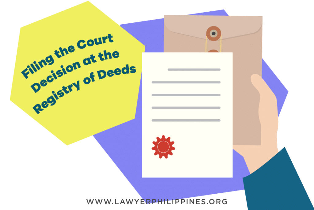 A hand holding an envelope and a Certificate of Title with the words "Filing the court decision with the Registry of Deeds". The article discusses Reissuance from the Affidavit of Loss to the Registration of the Court Decision. 