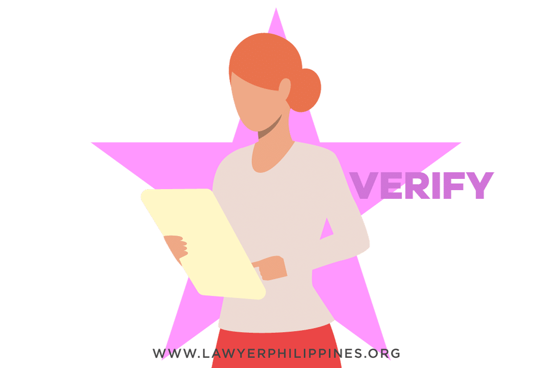 A woman with ginger hair holding and looking at a Land Title Certificate. Behind her is a lilac star and the the word "verify". Article: How to Reconstitute a Philippine Land Title by Lawyers in the Philippines