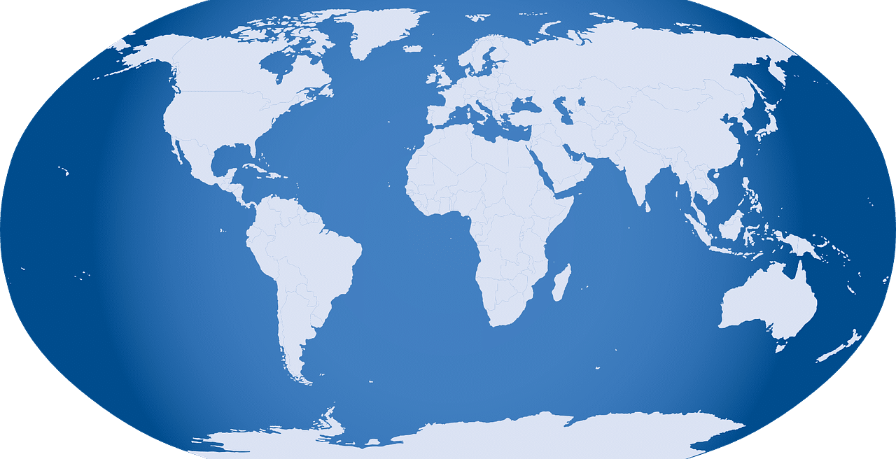 A blue and white cross section map showing all the continents of the World, indicating the countries which accept Philippine Apostille Documents