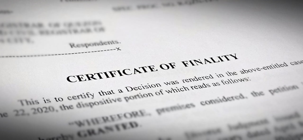 A close up photo of Certificate of Finality
