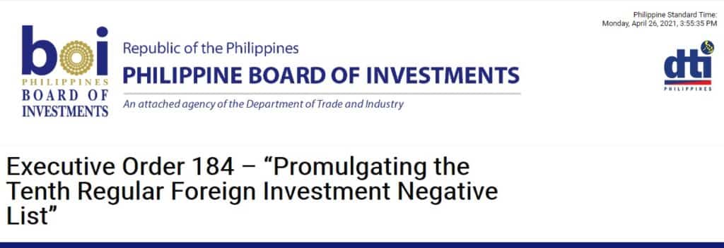 The executive order posted on the website of the Philippine Board of Investments