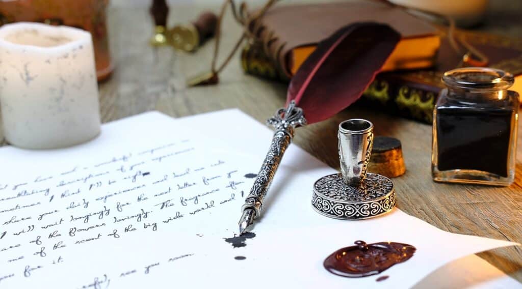 An antique Quill and stand and an Ink pot on top of a piece of paper with handwriting on it. A Holographic Will in the Philippines is written by hand. 