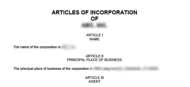 A sample of the Articles of Incorporation