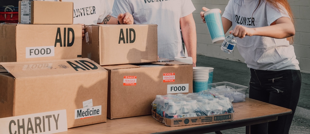 Boxes of aid and donations to a charity