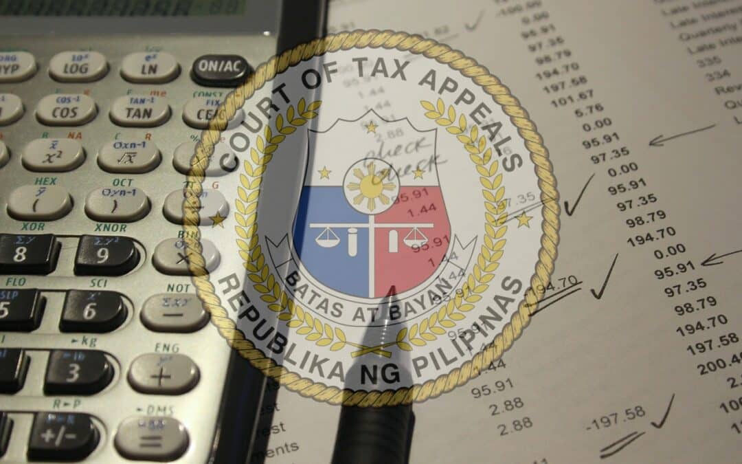 A calculator and tax documents behind court of tax appeals logo