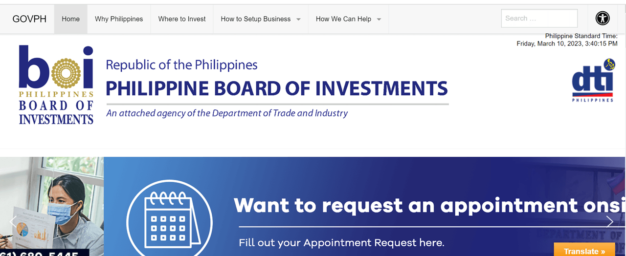 Screenshot of the webstie of the Philippine Board of Investments