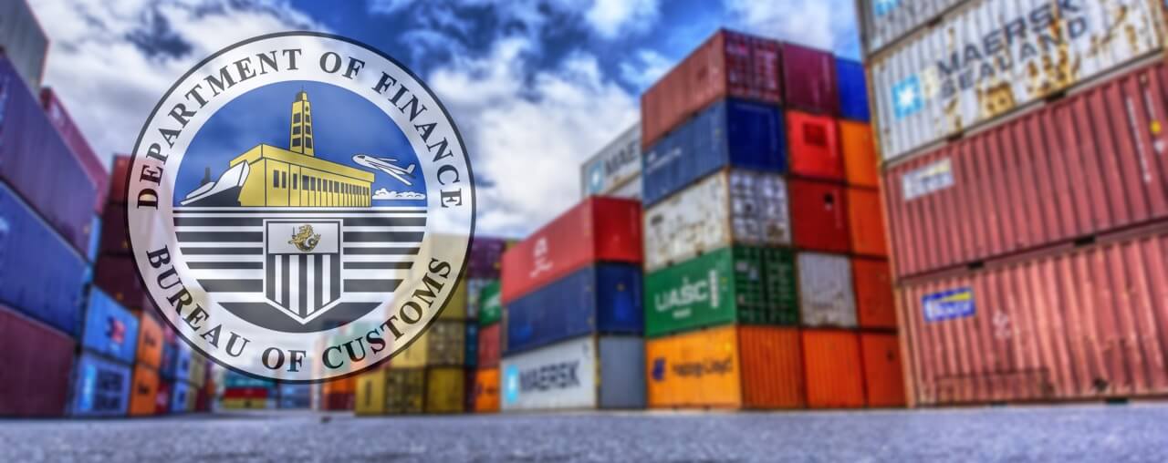 Logo of Bureau of Customs with shipping containers in the background.