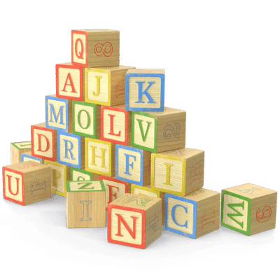 Baby building blocks featuring the alphabet piled up. 