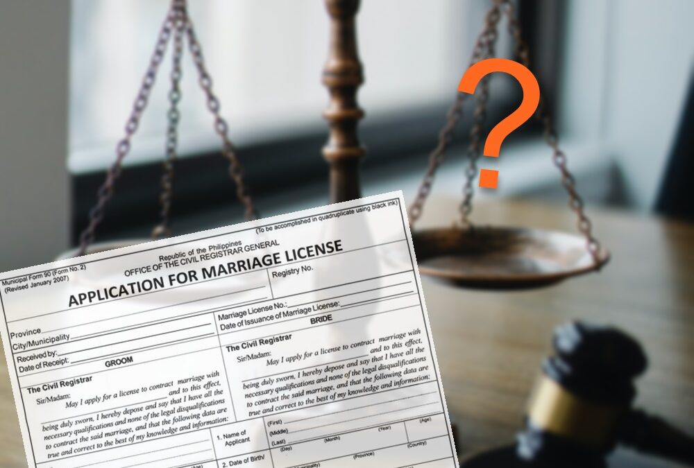 Application for Marriage License Form with question mark and justice scale and gavel as background