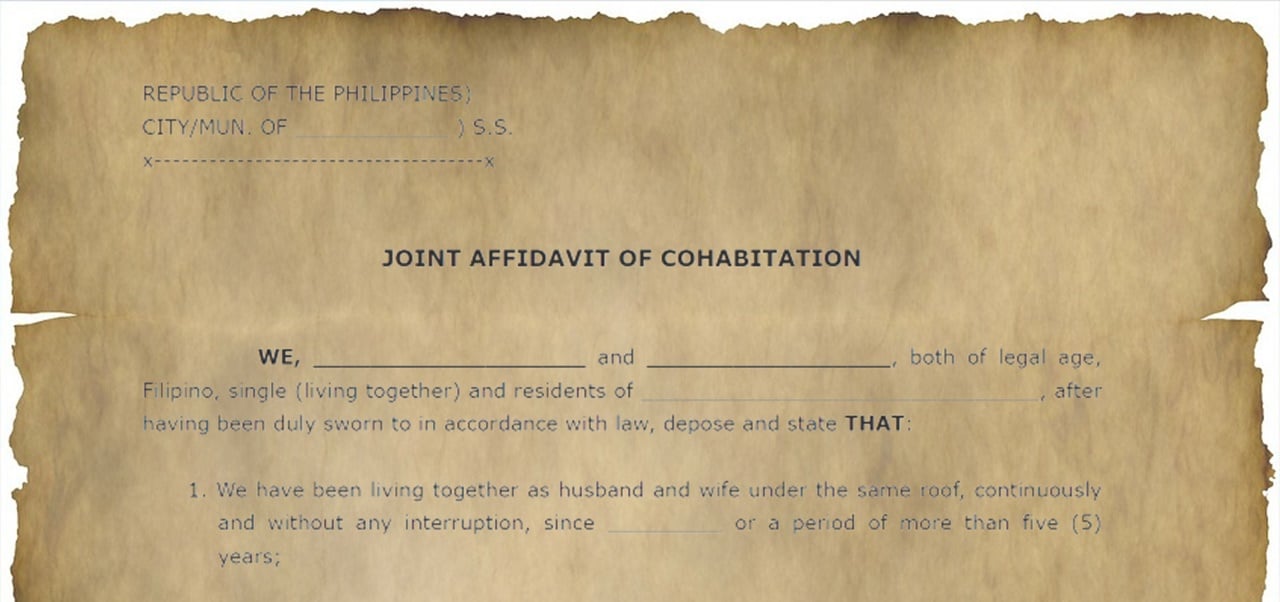 An affidavit of cohabitation written on a very old paper