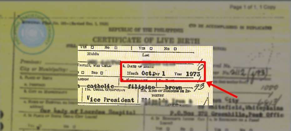 A PSA Birth Certificate highlighting the date of birth