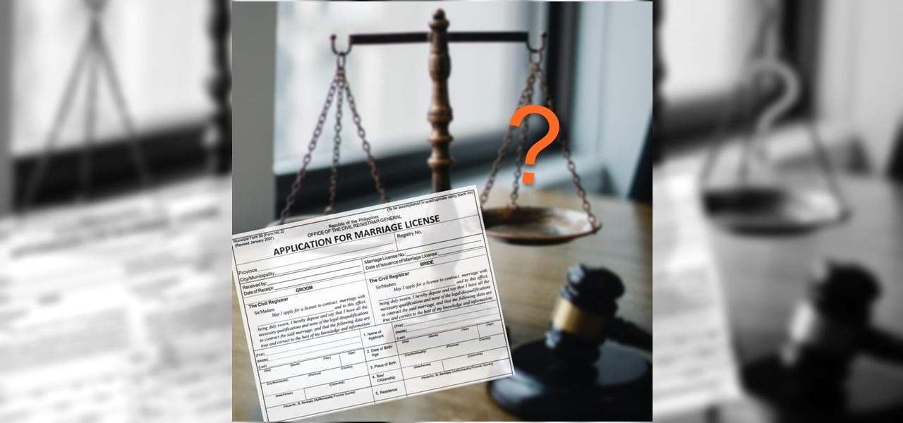 A blank marriage license application form, a court gavel and a justice scale on a table