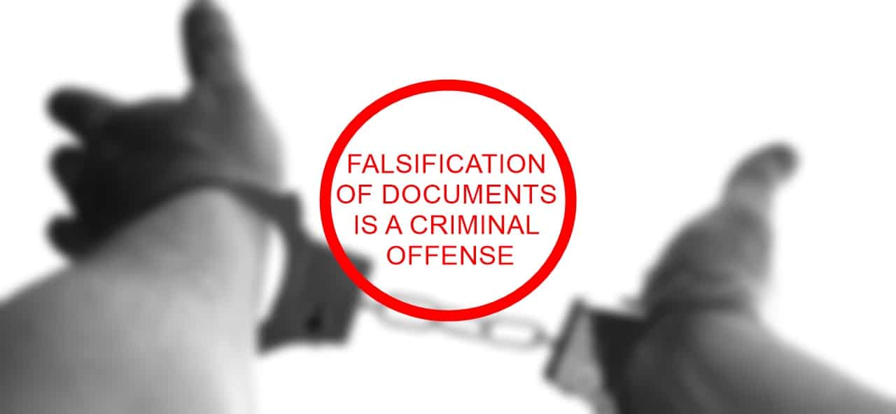 A handcuffed man with the words falsification of documents is a criminal offense inside a red circle