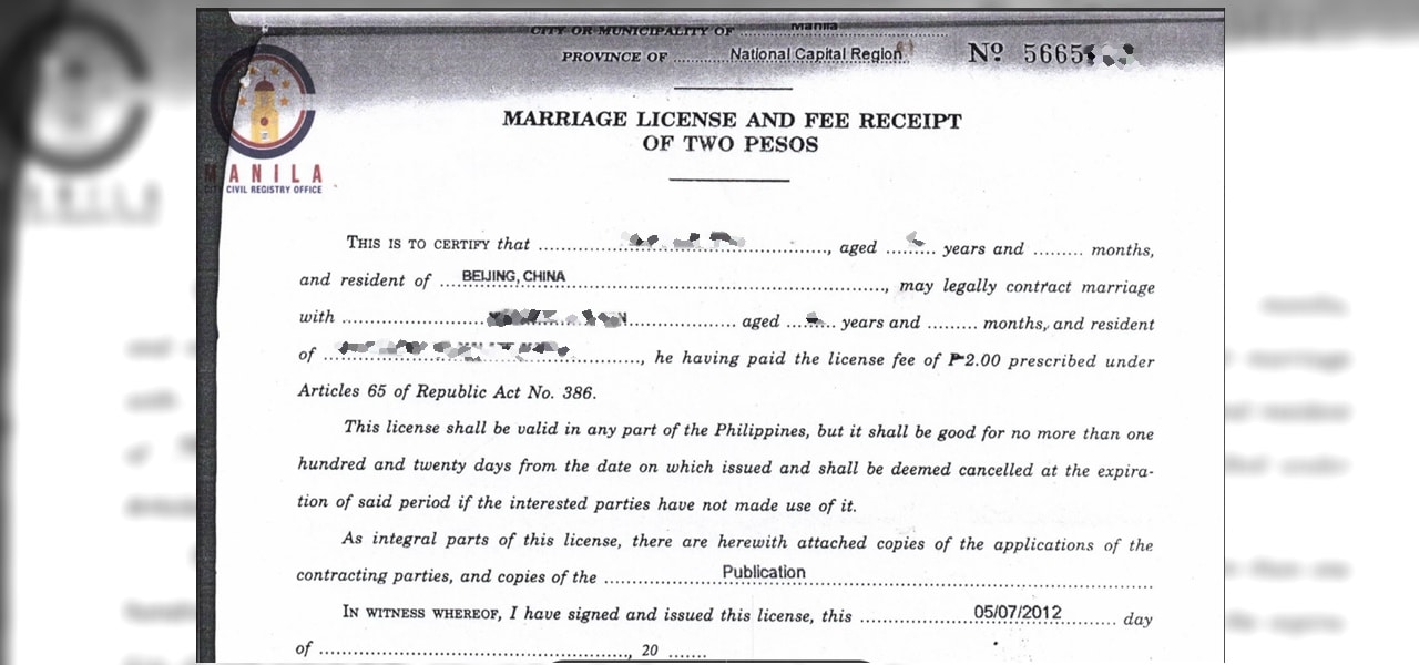 A sample marriage license issued by Manila Local Civil Registrar