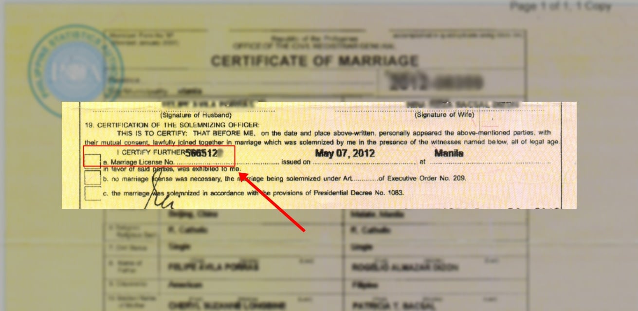 Highlighting the marriage license number on a marriage certificate