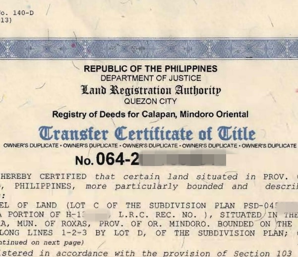 A sample front page of a Philippine Land Title