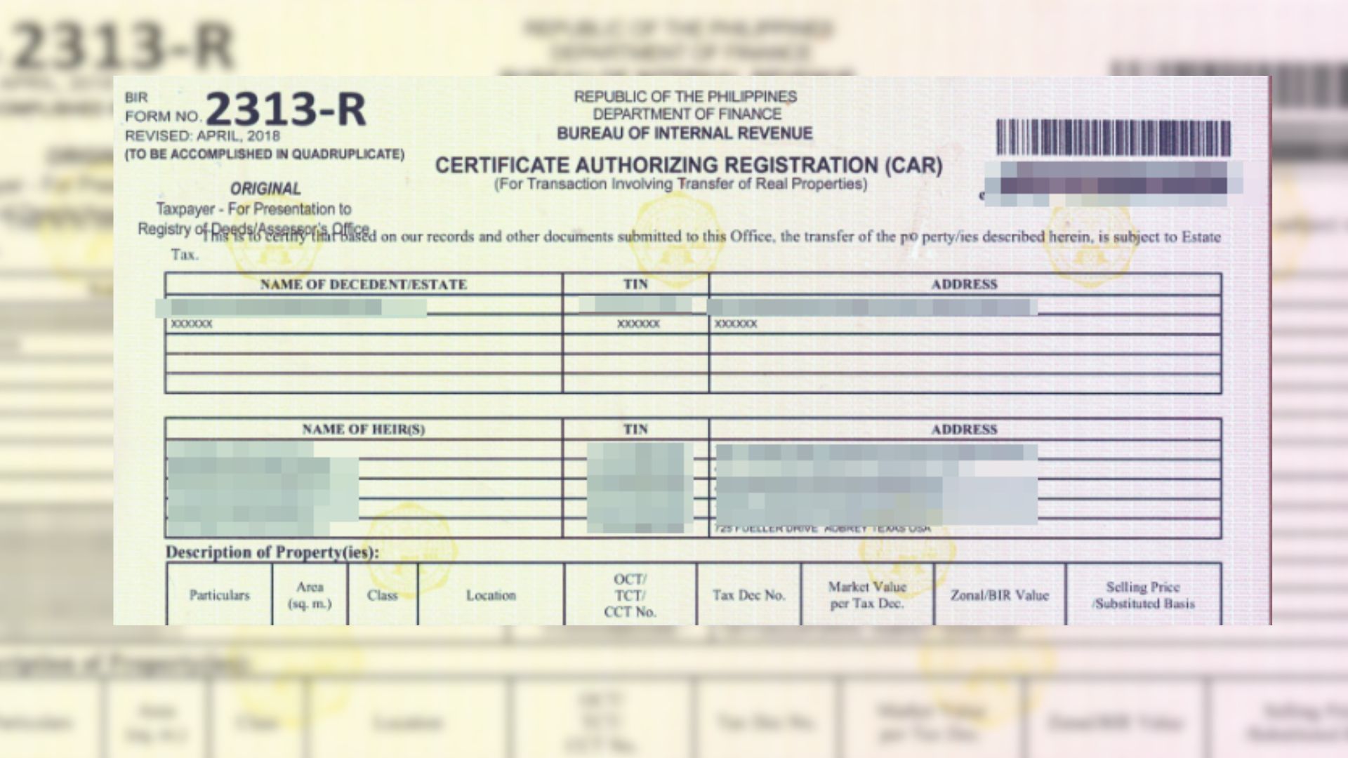 extrajudicial settlement BIR eCAR